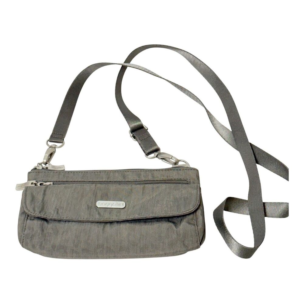 Baggallini Pocket Town Mini Crossbody Bag Organizer Gray Cheetah Yellow Lining